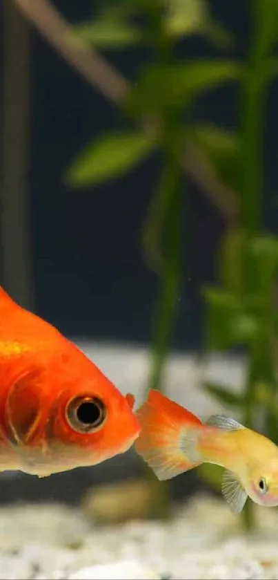 Vibrant orange goldfish in a lush green aquarium.