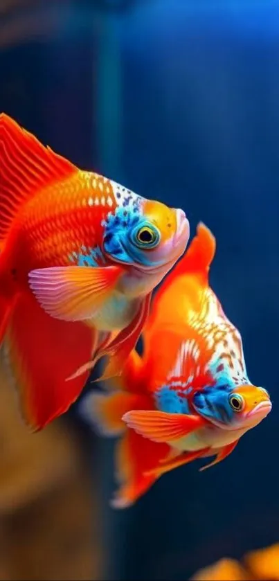 Two vibrant goldfish swimming gracefully in a colorful aquatic scene.