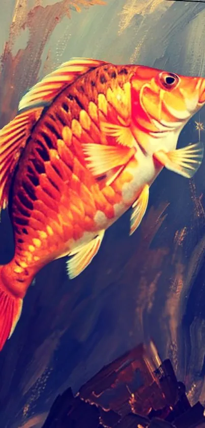 Vibrant goldfish artwork with orange and gold color against a blue background.