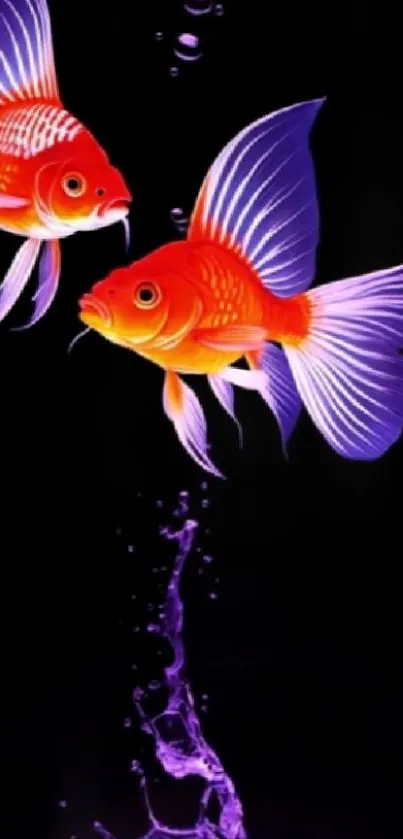 Vibrant goldfish swim in artistic wallpaper.