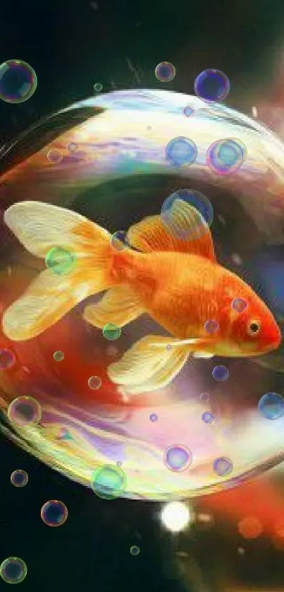 Goldfish in a colorful, shimmering bubble on a wallpaper.