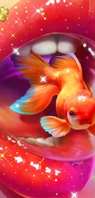 Whimsical goldfish inside colorful and sparkling bubble design.