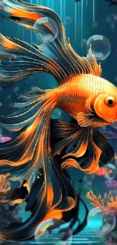 Goldfish swimming in a vibrant coral-filled underwater scene, a fantasy-themed wallpaper.