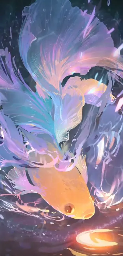 Vibrant fantasy artwork featuring a goldfish with colorful, flowing fins.