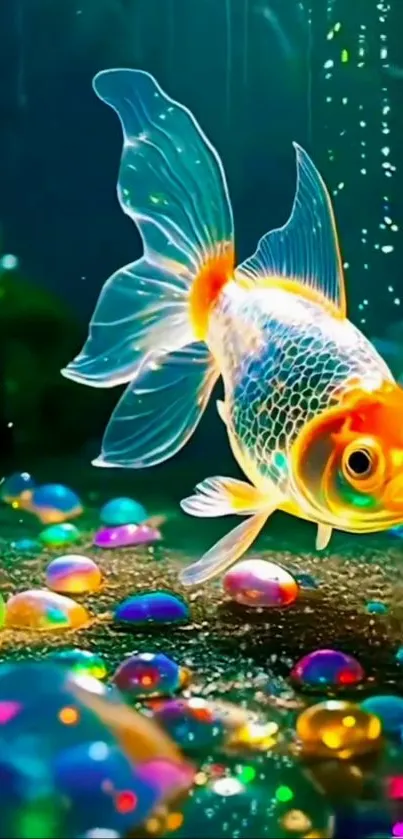 Vibrant goldfish surrounded by colorful bubbles in a fantasy scene wallpaper.