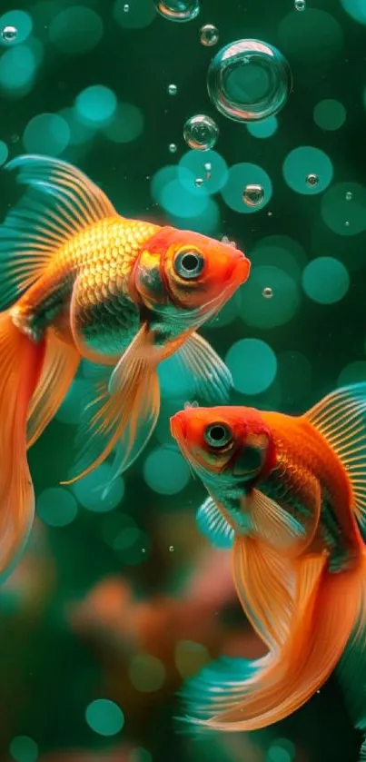 Vibrant goldfish swimming in mesmerizing aqua background with bubbles.