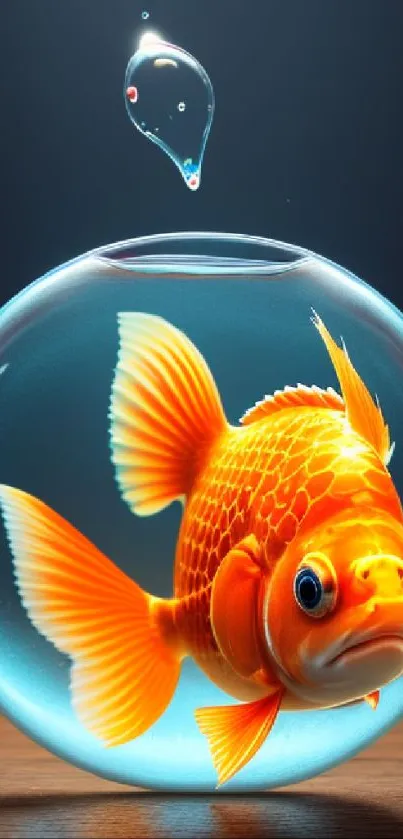 A vibrant goldfish inside a glass bowl with a water drop above and blue background.