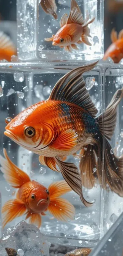 Goldfish swimming inside translucent ice cubes with a vibrant appearance.