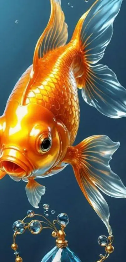 Vibrant goldfish with flowing fins on blue background.