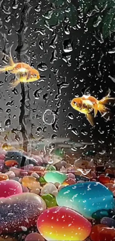 Goldfish and colorful pebbles with raindrop effect wallpaper.