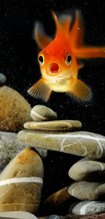 Goldfish swimming above stacked rocks in a calm aquatic scene.