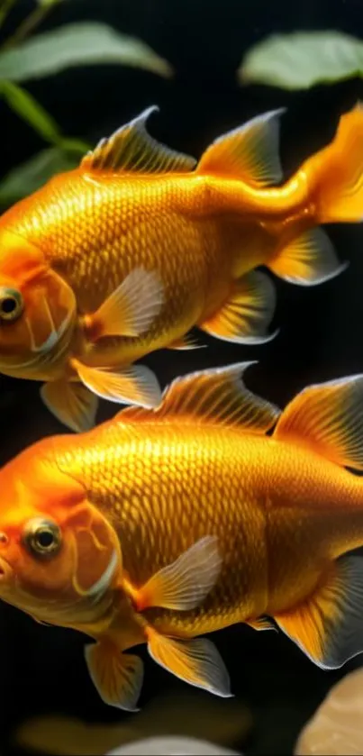 Two vibrant goldfish swimming underwater in a serene aquatic setting.