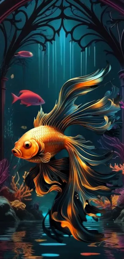 Vibrant goldfish swimming in a colorful underwater scene with corals.