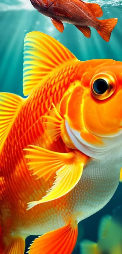 Vibrant orange goldfish swimming in the blue ocean with sunlight streaming through water.