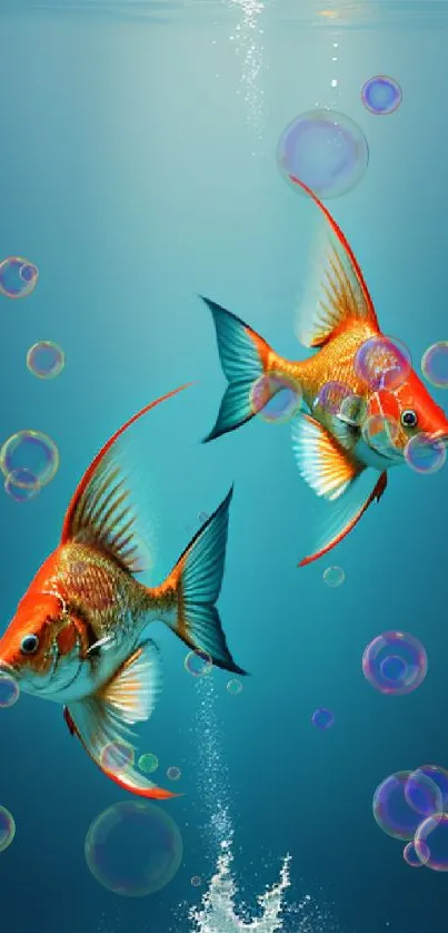 Two vibrant goldfish swim in a serene blue underwater scene.