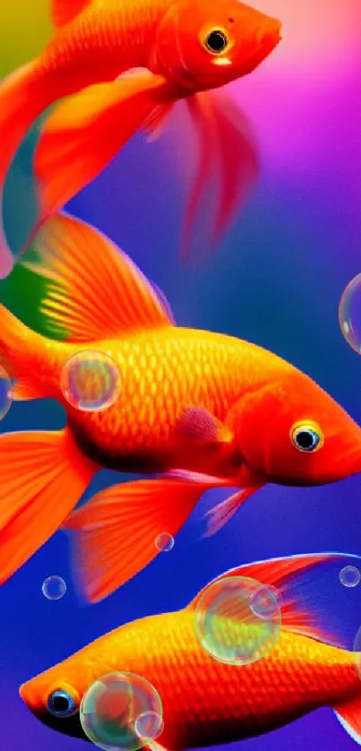 Three vibrant goldfish swimming in a colorful and artistic background.