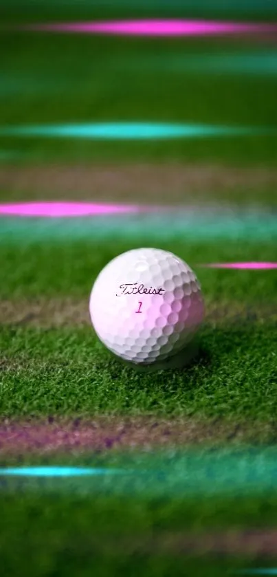 Vibrant golf ball on green grass with pink and blue highlights.