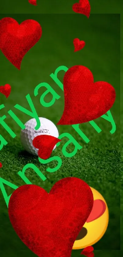 Golf ball on green field with red hearts and emojis.