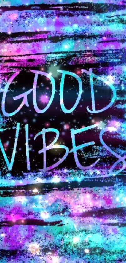 Colorful 'Good Vibes' neon phone wallpaper with vibrant blue and purple hues.