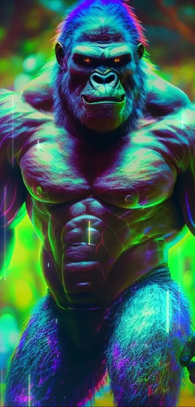 Neon gorilla art with vibrant colors and muscular detail.