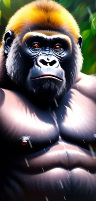 Vibrant artistic illustration of a gorilla in a lush jungle setting.