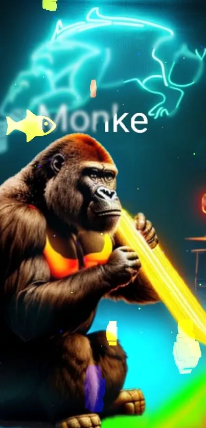 Neon gorilla holding a glowing yellow element in a vibrant digital art scene.