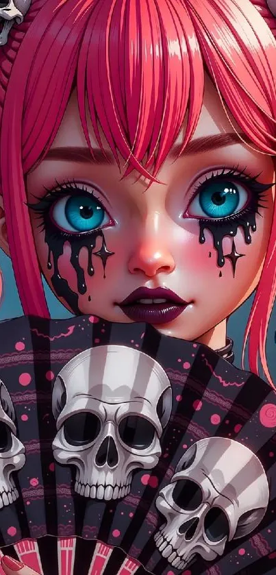 Anime character with pink hair, blue eyes, and skull fan.