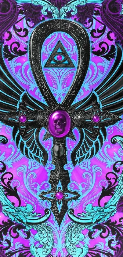 Gothic ankh wallpaper with purple hues.