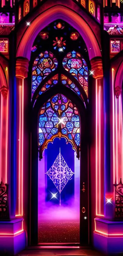 Vibrant gothic archway with stained glass and neon glow in purple hues.