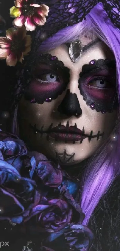 Gothic art wallpaper with skull makeup and purple flowers.