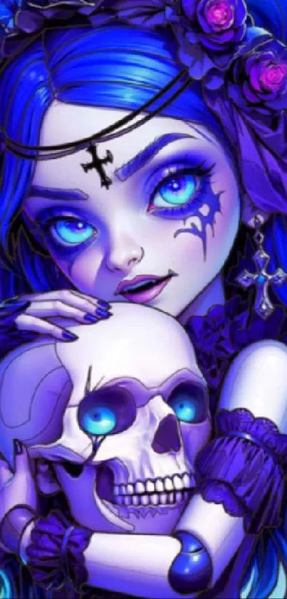 Gothic anime girl embracing a skull with vibrant blue colors.