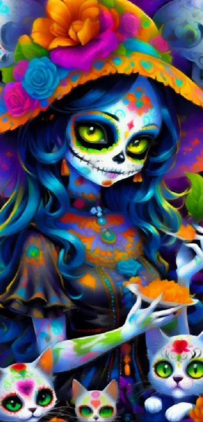 Colorful Day of the Dead art wallpaper with flowers and cats.