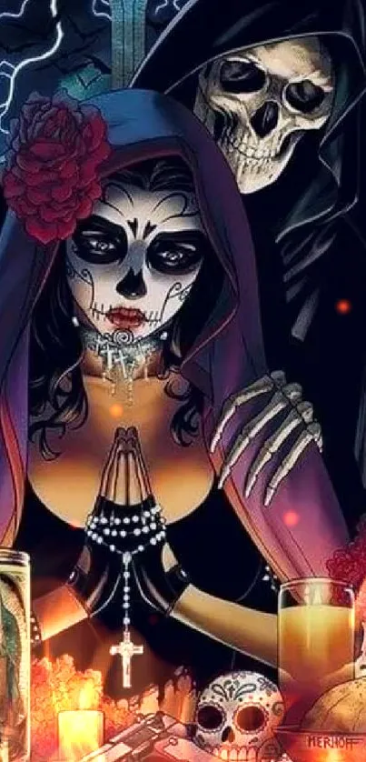 Gothic-themed vibrant wallpaper with Day of the Dead inspiration.