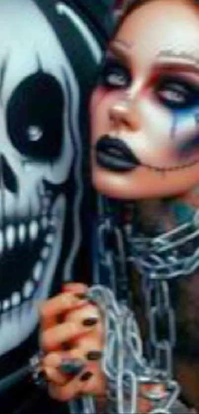 Gothic woman with makeup and chains against graffiti background.