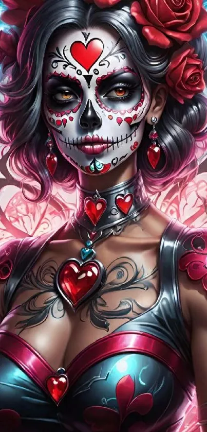 Gothic woman with heart motifs in vibrant colors.