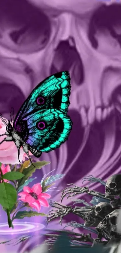 Vibrant butterfly with gothic skull background on a mobile wallpaper.