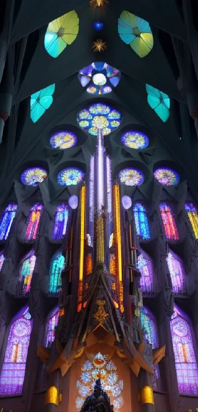 Gothic cathedral with vibrant stained glass windows.