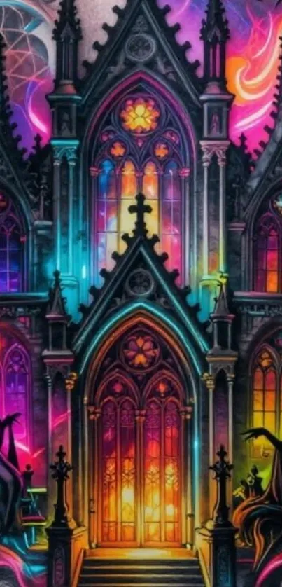 Vibrant Gothic cathedral with neon colors and intricate design.