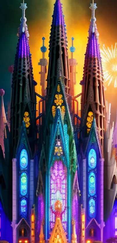 Vibrant Gothic cathedral with fireworks illuminating the night sky.