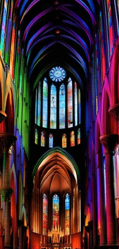 Vibrant Gothic cathedral interior with colorful stained glass windows.