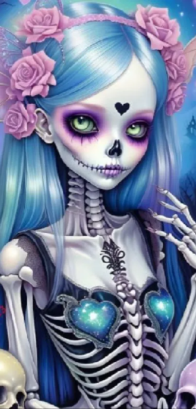 Gothic skeleton girl with blue hair and roses.