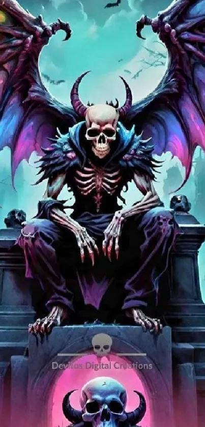 Vibrant gothic artwork of skeletal figure with colorful wings.