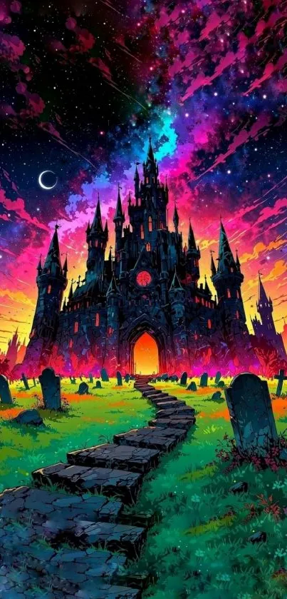 Vibrant gothic castle under a colorful night sky.