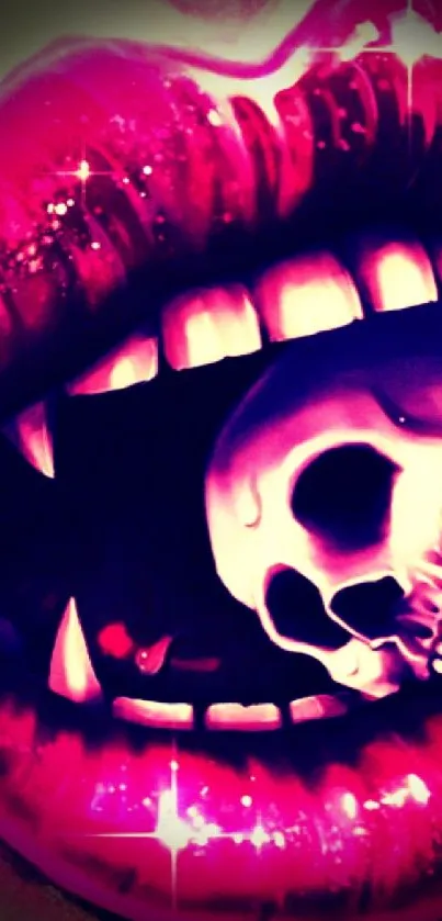 Vibrant gothic lips with red hues and a skull detail in mobile wallpaper.