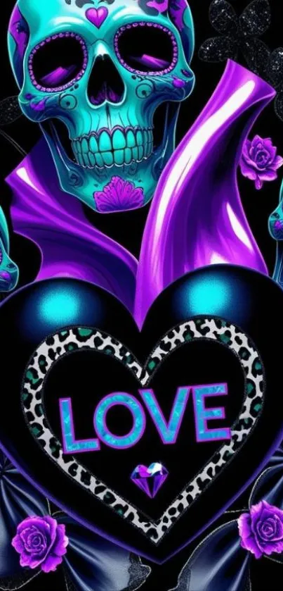 Vibrant gothic wallpaper with skulls and heart motif.