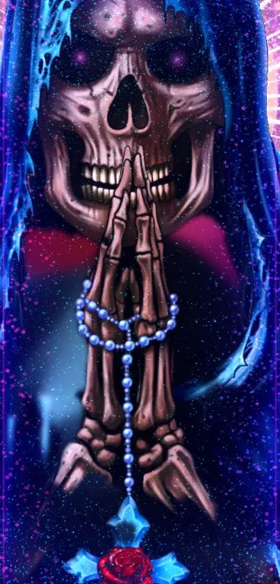 Gothic skeleton in prayer with rosary in vibrant colors.