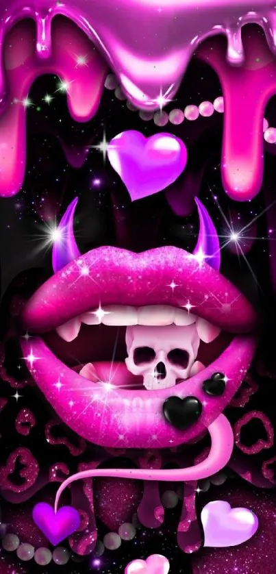 Vibrant gothic pink phone wallpaper with lips and hearts.