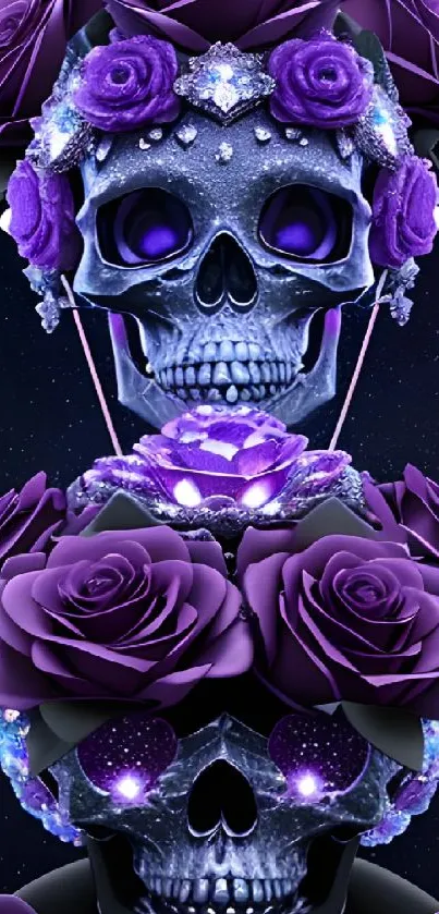 Gothic skull with purple roses and jewels, dark theme.