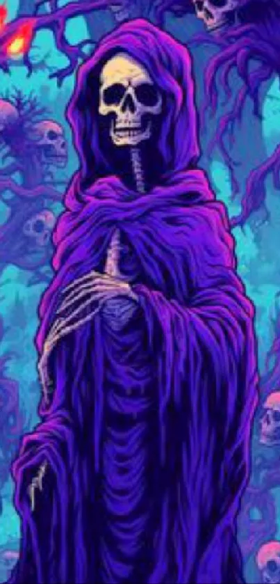 A mysterious skeleton in purple robes surrounded by mystical, glowing skulls.