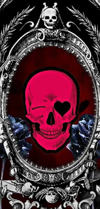 Mobile wallpaper with pink skull in gothic design.